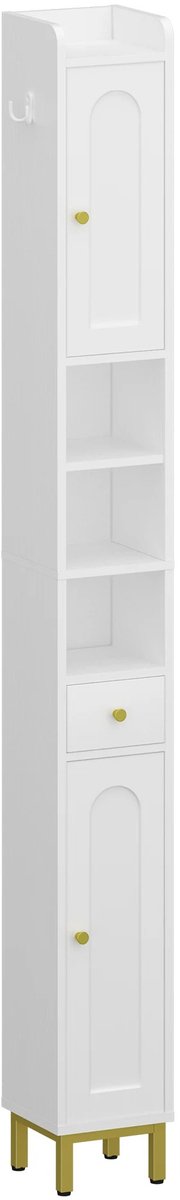 NaevaMi Hoge Badkamerkast - Badkamermeubel - Badkamer Kast - 2 Deuren en Lade - Open Compartiment - Ideaal voor Kleine Badkamers - 20x20x180cm - Wit
