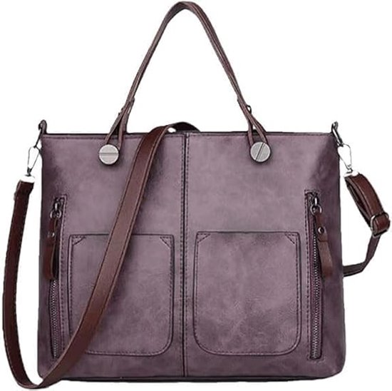 Vintage Leren Shoppers - pour Femmes Met Grote Capaciteit En Rits, Top-handtas - Dames Satchel Schoudertas Handtas - violet