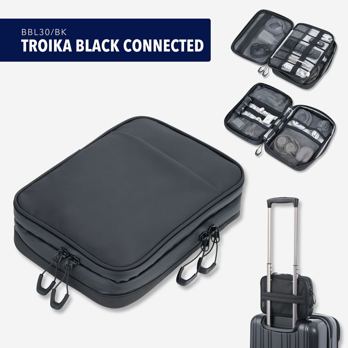 'TROIKA BLACK CONNECTED' Kabeltas met 2 ritssluitingsvakken, 2 binnenvakken en elastische banden voor accessoires 1 buitenvak, waterafstotende ritssluitingen, spatwaterdicht , lus om aan de trolley te bevestigen / polyurethaan / , zwart