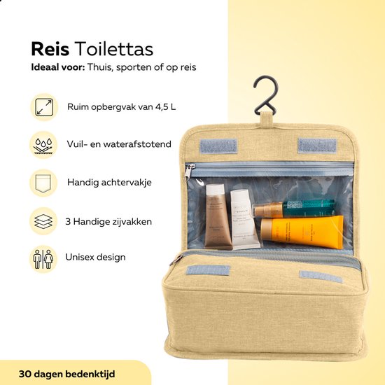Beige toilettas met handige opbergvakken, waterdicht, 4,5 liter inhoud, unisex.