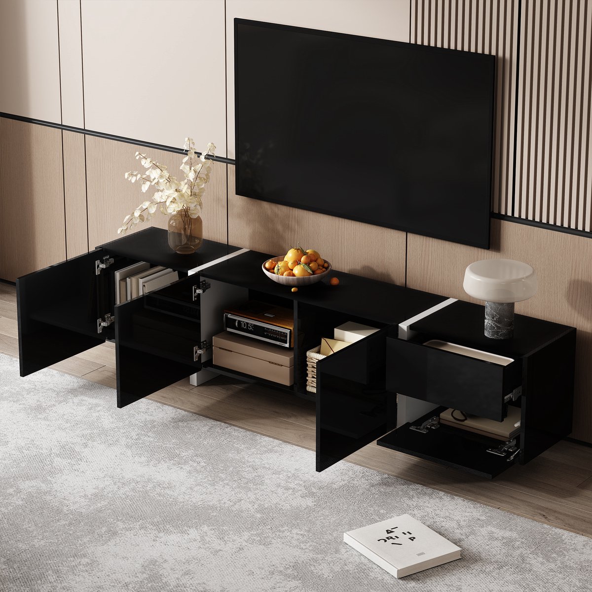 HAUSS SPOLE TV-Meubel - Hoogglans TV-Kast Met LED-Strip - Ruime Opbergruimte 3 Deuren 1 Lade - Spaanplaat - 170x30x39 cm - Zwart/Wit