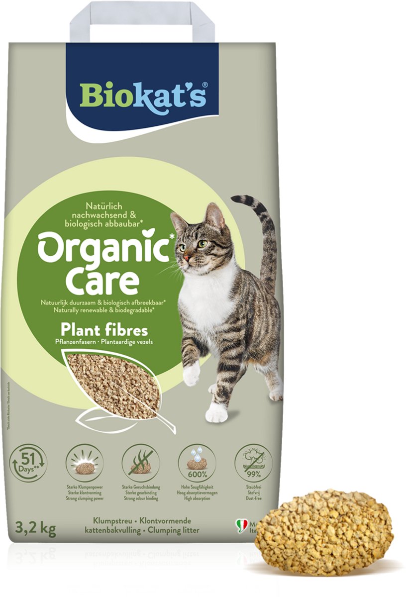 Biokat's Organic Care Plant fibres - 3,2 kg - Kattenbakvulling - Klontvormend - Zonder geur van Biokat's