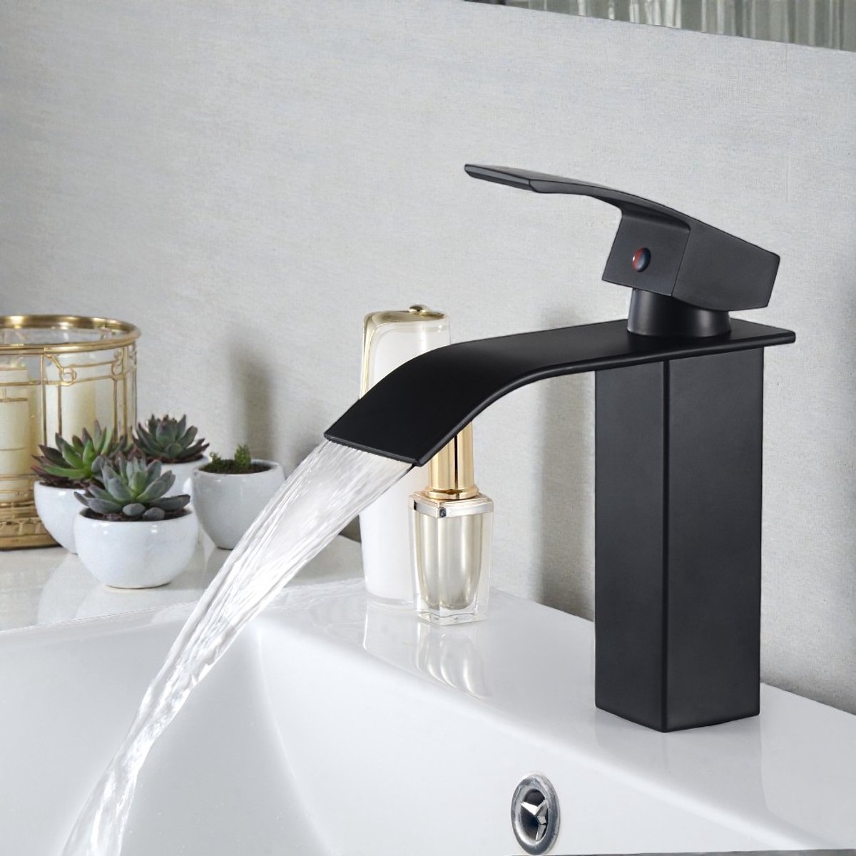 Auralum® Wastafelkraan - Badkamerkraan - Mengkraan - RVS - Warm en Koud - Watervalkraan - Waterbesparend - Eéngreeps Badkamer Kraan - Zwart