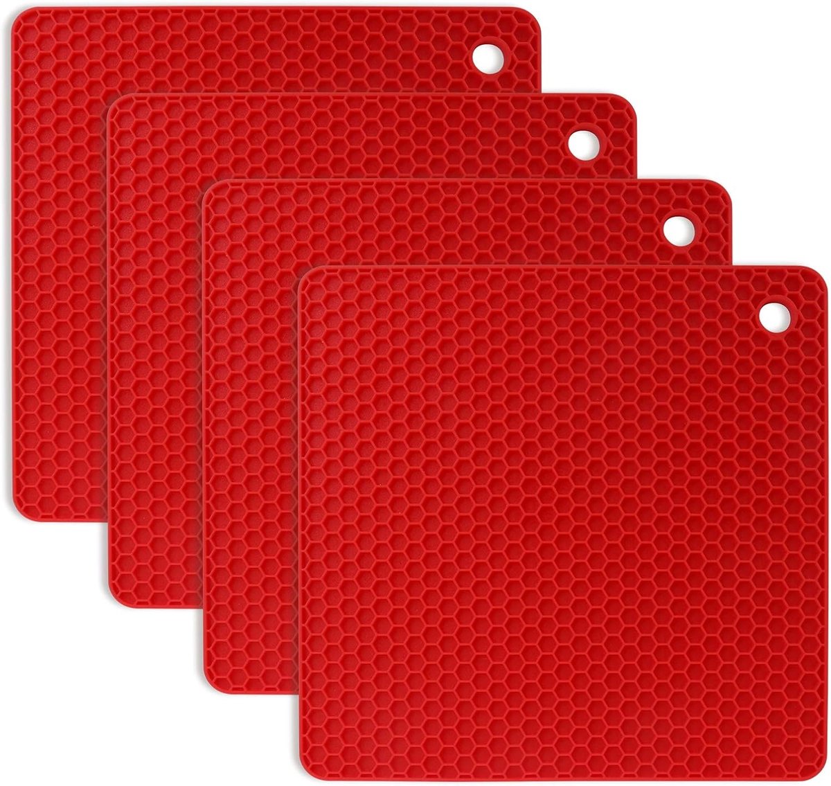 Onderzetters (4-delige set) – Siliconen pannenlappen & onderzetters – Vaatwasserbestendig, antislip en hittebestendig tot 250°C – Honingraatpatroon – Rood