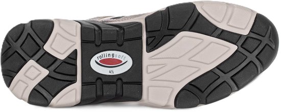 Onderkant van grijze Gabor sneaker met zwart en beige profiel en Rollingsoft logo maat 4.5.