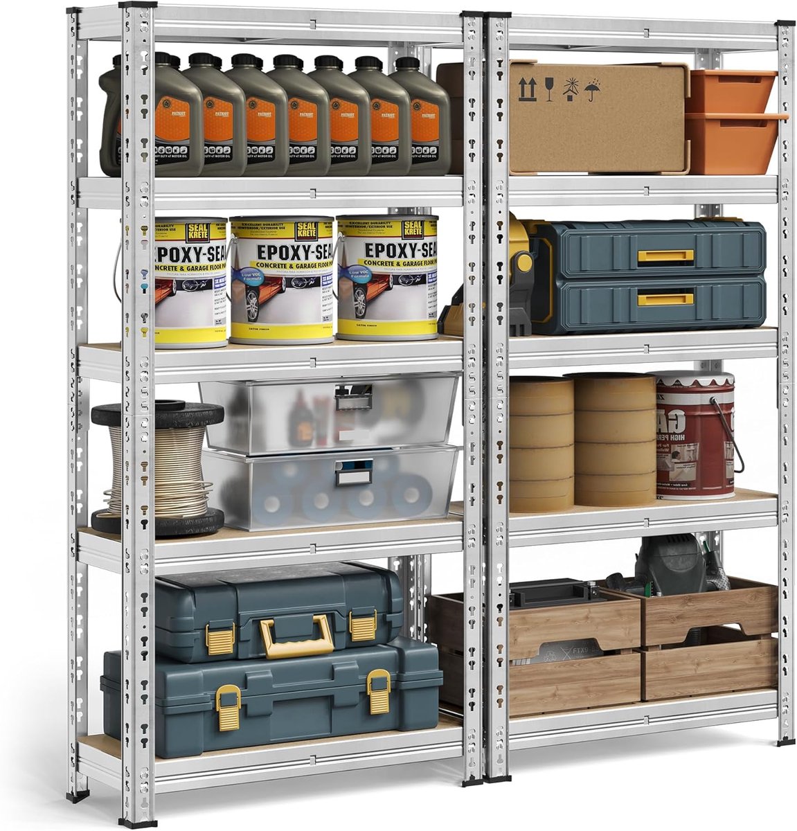 SONGMICS Heavy-Duty opbergplanken, set van 2, garagestelling, 30 x 75 x 150 cm, ondersteunt tot 875 kg, eenvoudige montage, opbergrek, verstelbare planken, zilver GLR451E01
