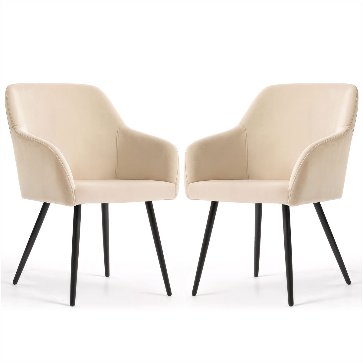 Set van 2 Eetkamerstoelen ESTELLE met Armleuningen / Gestoffeerde Stoelen / Fluwelen Stoelen en Metalen Poten / Beige met zwarte benen