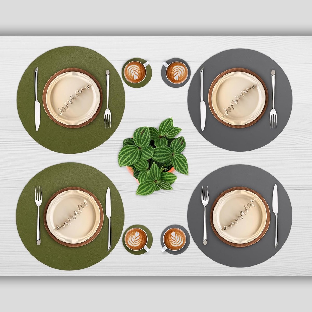 Candala - Ronde tafelplacemats, 38 cm set van 6 placemats en onderzetters Placemat Waterdichte Dubbelzijdige Placemats Antislip Wasbare Placemats en Onderzetters (Grijs Groen, Set van 6)