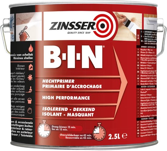 Boîte de B-I-N Hechtprimer de Zinsser, 2,5L. Rouge avec texte blanc "B-I-N", "HIGH PERFORMANCE", "ISOLANT - MASQUANT".