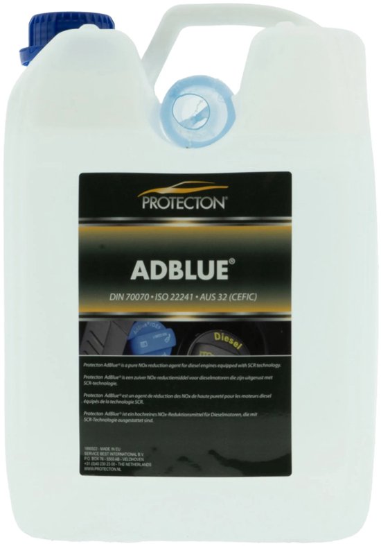Bidon blanc de 5L avec logo Protecton AdBlue, pour moteurs diesel avec technologie SCR.