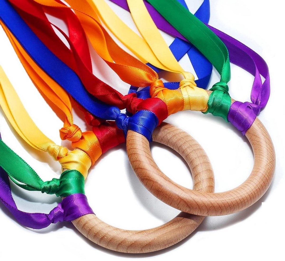 WoodyDoody Regenboog Ring 1 Stuks Buitenspeelgoed Rammelaar Bijtspeelgoed Strandspeelgoed van Hout Speelgoed Ringen met Regenboog Lintjes Speelgoed Kinderen - Houten Speelgoed Baby Peuter Speelgoed
