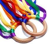 WoodyDoody Regenboog Ring 1 Stuks Buitenspeelgoed Rammelaar Bijtspeelgoed Strandspeelgoed van Hout Speelgoed Ringen met Regenboog Lintjes Speelgoed Kinderen - Houten Speelgoed Baby Peuter Speelgoed