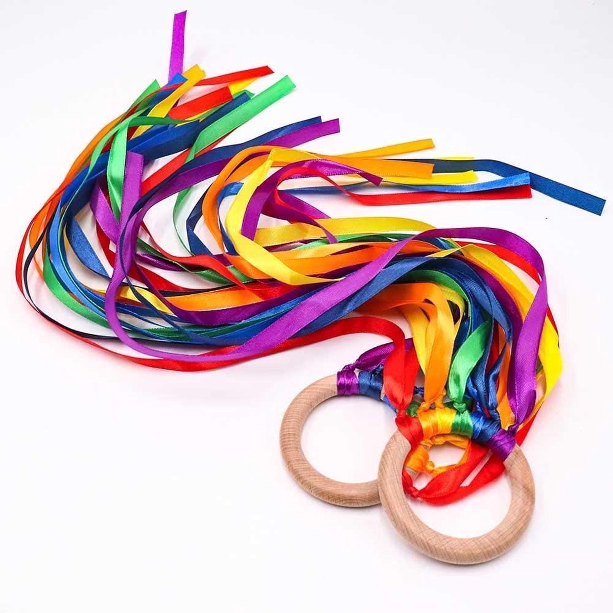 WoodyDoody Regenboog Ring 1 Stuks Buitenspeelgoed Rammelaar Bijtspeelgoed Strandspeelgoed van Hout Speelgoed Ringen met Regenboog Lintjes Speelgoed Kinderen - Houten Speelgoed Baby Peuter Speelgoed — afbeelding 6