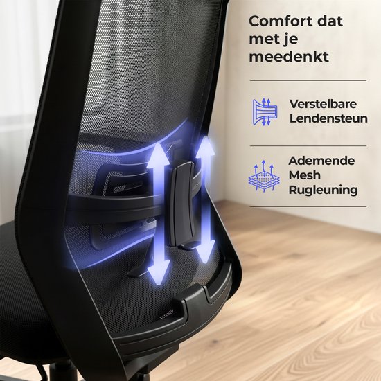 Detail van de mesh rugleuning van de bureaustoel met verstelbare lendensteun en ademend mesh materiaal.