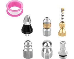 Jhubers Goods - Duurzame Rioolreinigingsset - Riool Sproeikoppen - Roestvrij Staal - Reinigingsgereedschap - Hogedrukreiniger - Compatibel met - Kit voor Rioolreiniging 5-delig met Snelkoppeling & Teflon Tape