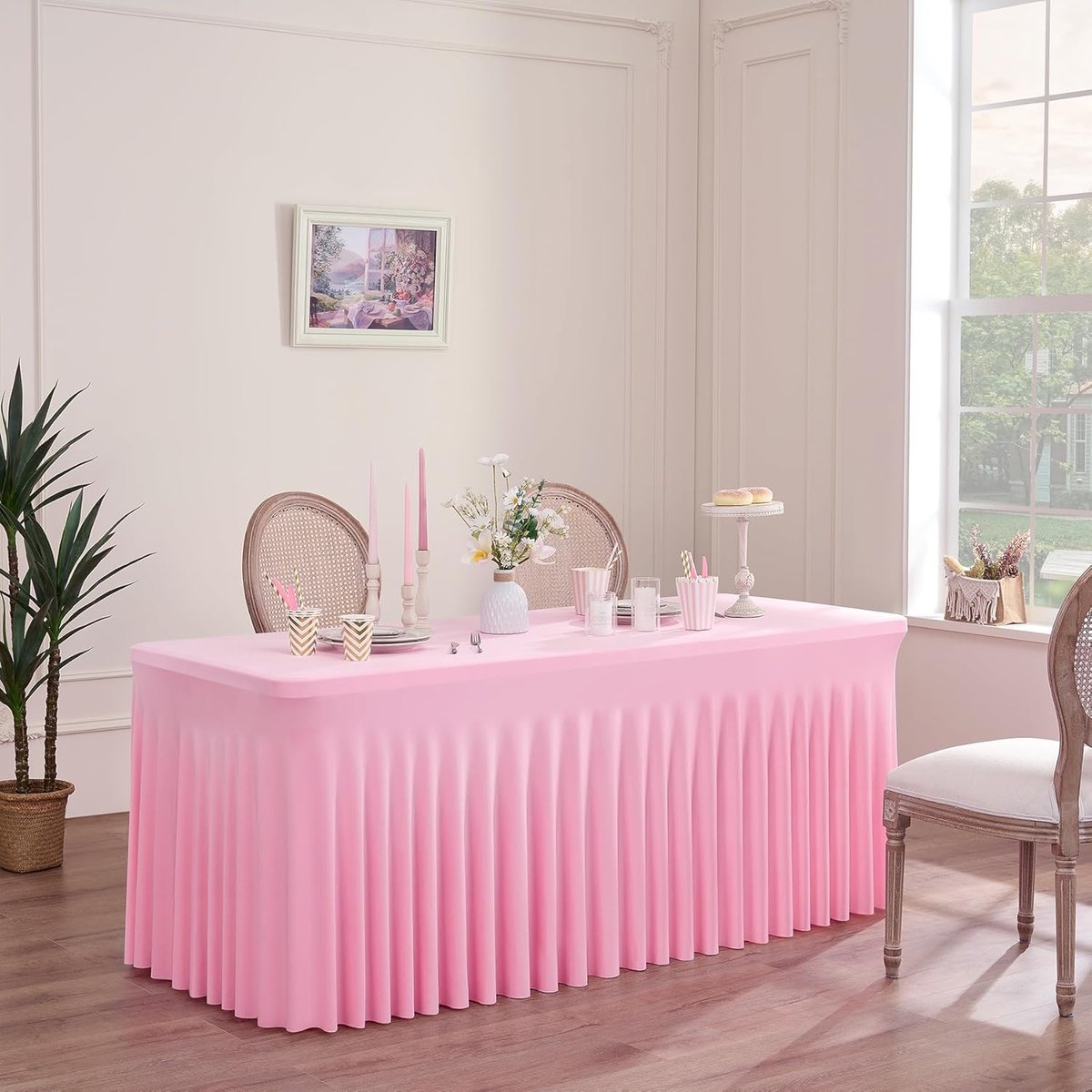 Candala 1-pack babyroze spandex tafelkleed voor 180 cm rechthoekige tafels, kreukvrij stretch tafelkleed met rok voor banket, feest, bruiloft, verjaardag, vergadering, display, decoratie, tafelkleden