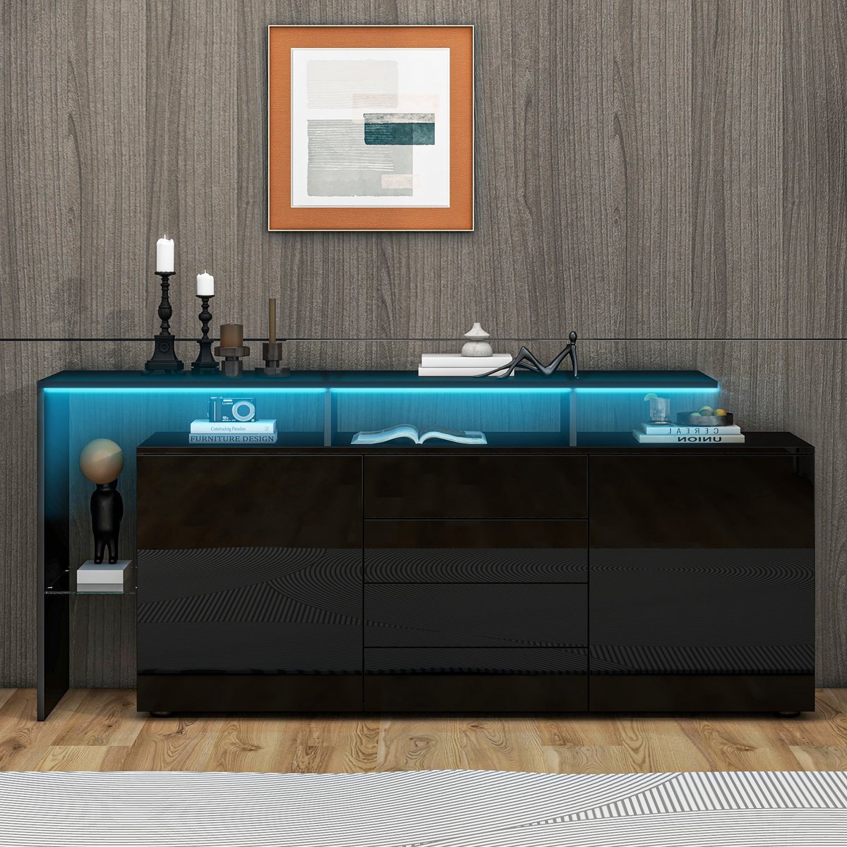 REDOM TV-meubel 160x35x70 cm van spaanplaat en glas, hoogglans fronten en instelbare LED-verlichting