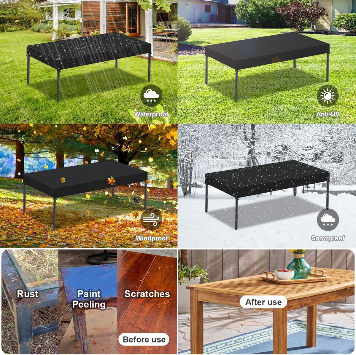 Famanu Tuintafelhoes Waterdicht Afdekking voor Tuintafel - 420D Tafelafdekking Rechthoekig Tafelhoes Buiten Winddicht Hoes voor Tafelbladen - Outdoor Tafelbladbeschermhoes - 180x80x15cm Zwart
