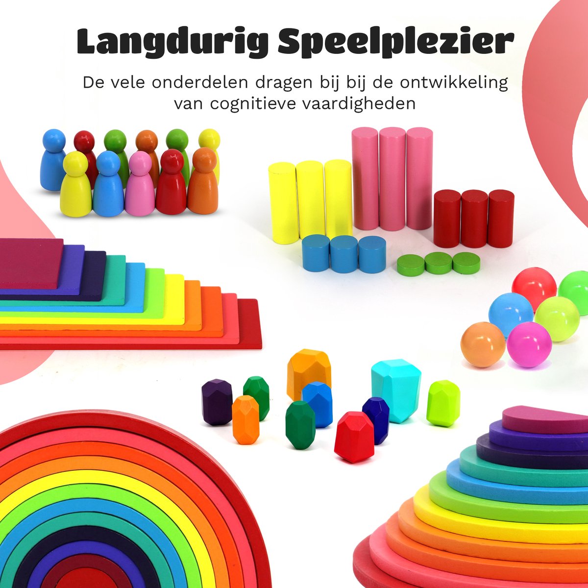 EverGoods XL Regenboog Speelgoed - Montessori Speelgoed- Educatief Speelgoed - Sensorisch Speelgoed - Houten Blokken - Stapelstenen - Incl. Opbergzakje — afbeelding 5