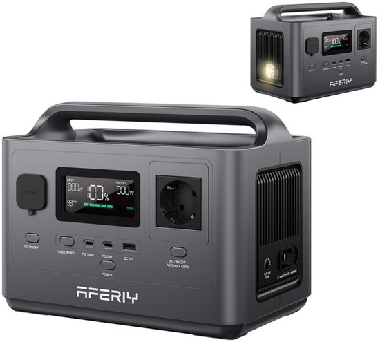 Grijze AFERIY draagbare generator met handvat, display en stopcontact.