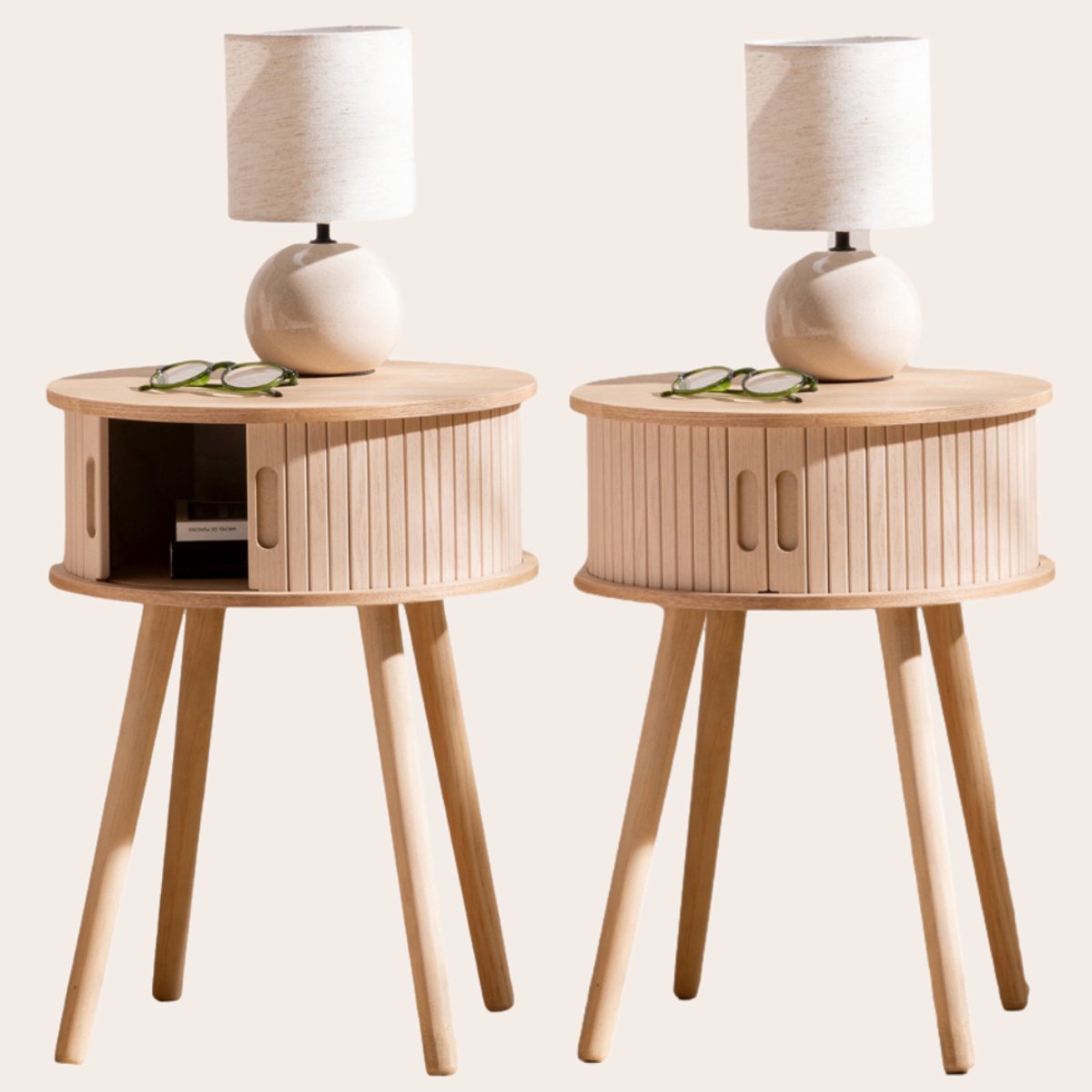 MISOU Nachtkastjes- Met Lade - Rond - Set van 2 - Modern - Hout - Slaapkamer - Bijzettafel - Neutraal - met Deuren - Beige - MDF - JULIET