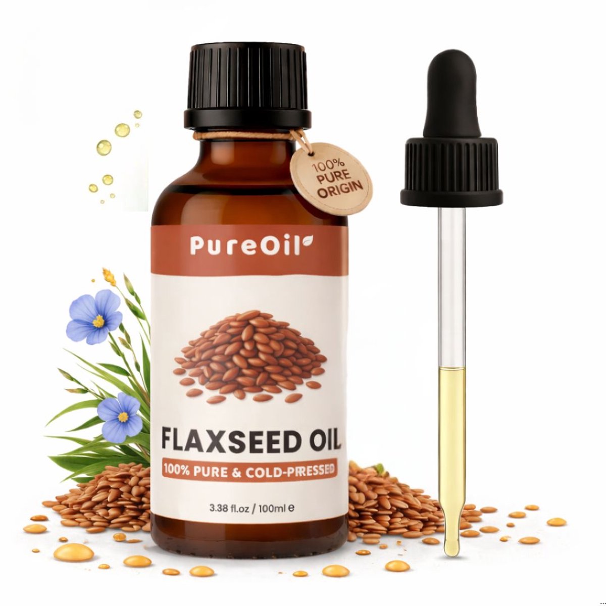 PureOil - Lijnzaadolie - 100ml - 100% Puur & Vegan - Koudgeperst - Voor Haar | Huid | Gezicht | Scalp | Nagels | Hout en Dieren