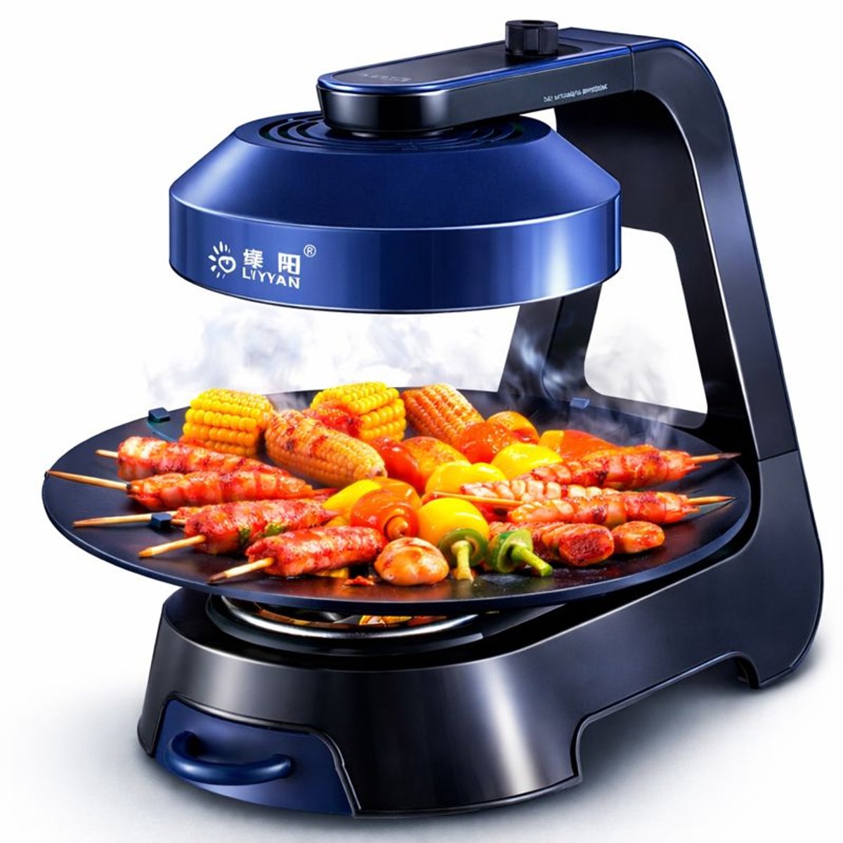 Lvyang–Infrarood Elektrische BBQ Grill 36cm Ø –Rookvrij 3D BBQ, 360° Draaibare Bakplaat, 2 Warmtestanden 695W/1390W, Koolstofvezel Infraroodfilament, Ingebouwde Opbergbox voor Olie, Mechanische Bediening, Blauw