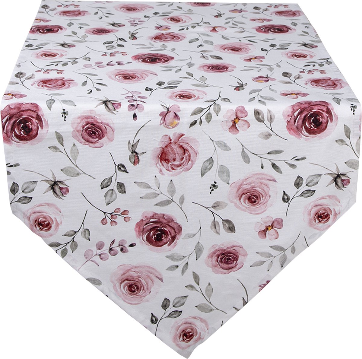 Clayre & Eef Tafelloper 50x160 cm Wit Roze Katoen Rozen Tafelkleed