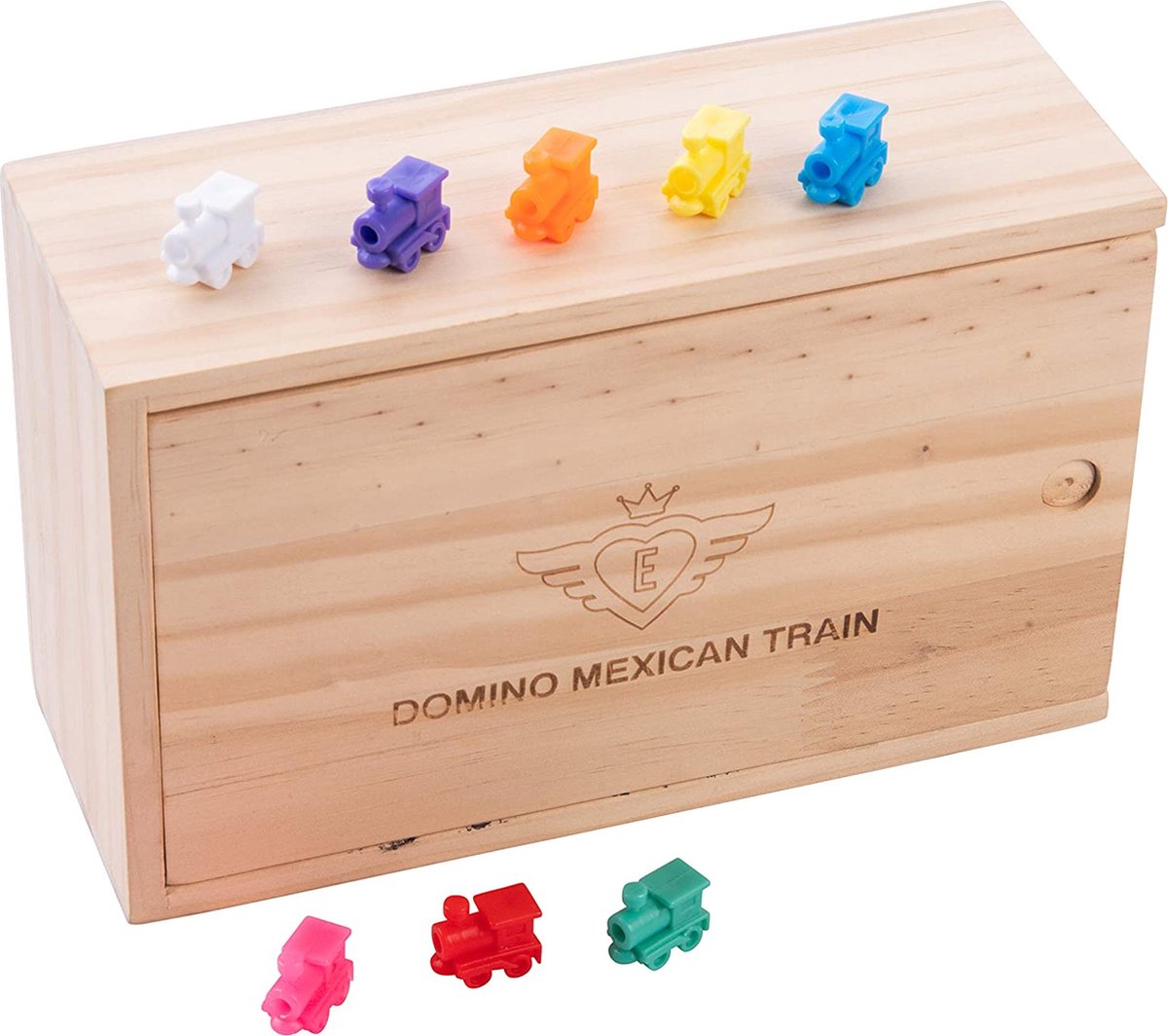 Domino Dubbel 12 Mexican Train – 91 Stenen met Gekleurde Ogen – Houten Kist met Schuifdeksel – Inclusief Station & Treinen – Strategisch Familiespel – Engelhart — afbeelding 2