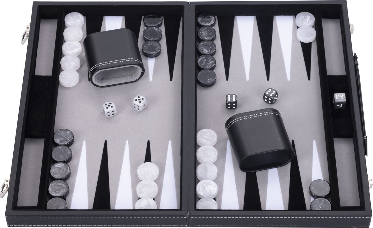 Backgammon 15 inch - Zwart, Wit & Grijs Ingelegd Bord - Kunstlederen Koffer met Handvat - Engelhart