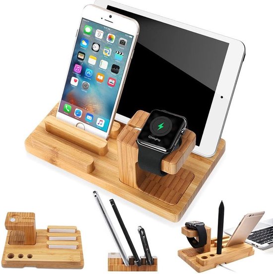 Luxe Bamboe Houten Houder Geschikt Voor Apple Apparaten (iPad/iPhone/Apple  Watch... | bol.com