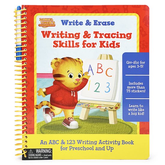 Livre d'activités à spirale Daniel Tiger pour apprendre à écrire et effacer les lettres et les chiffres.