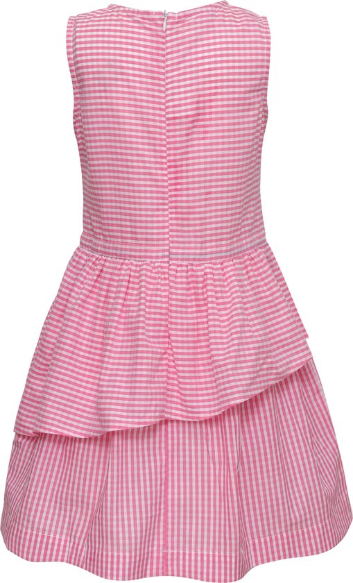 Roze jurk met vichyruitjes en ruches op de rok, van achteren gezien.