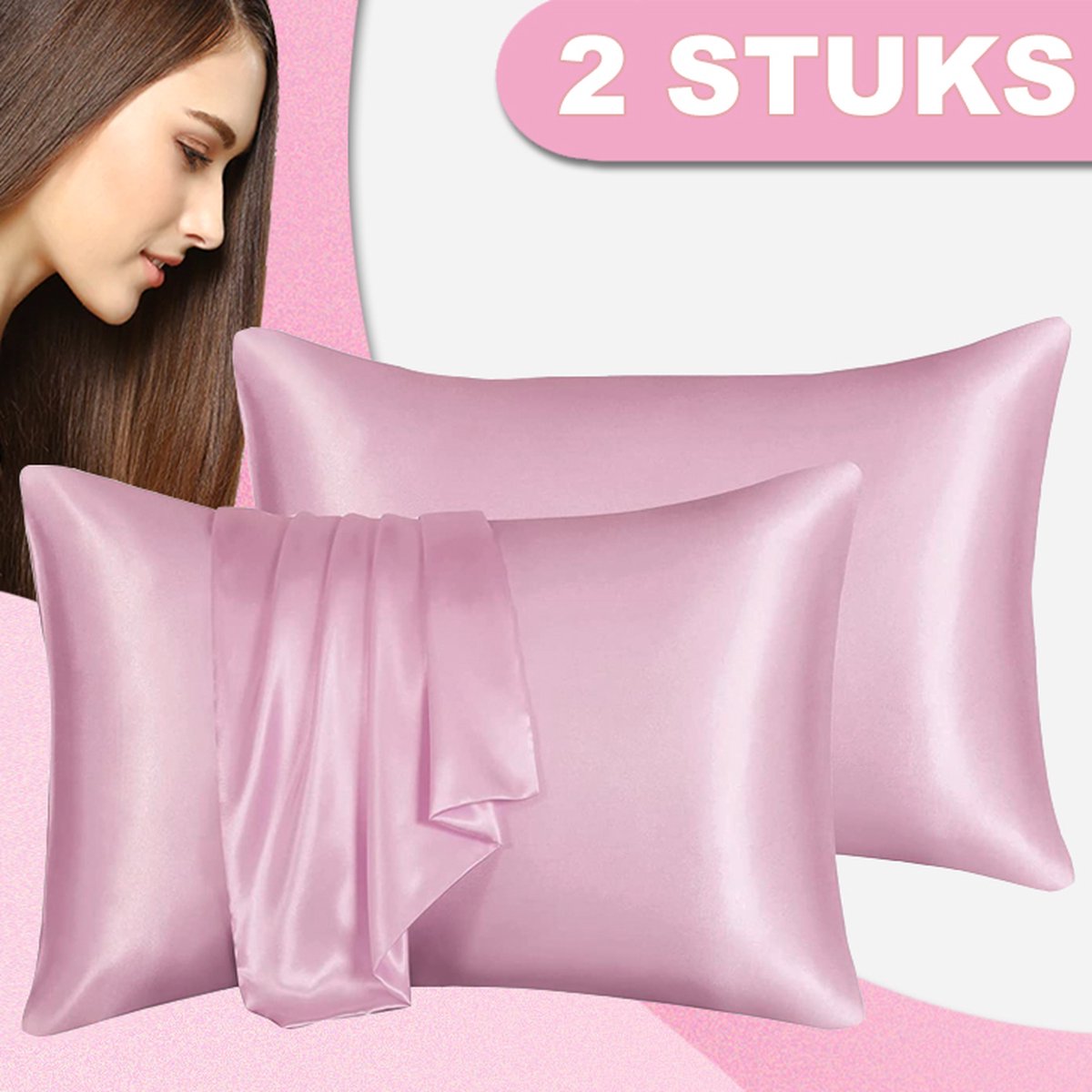 Renalux® - Satijnen Kussensloop - Roze - kussenslopen 60 x 70 set van 2 - Zijden Zachte Kussensloop - Curly Girl Producten - Huidverzorging - Haarverzorging - Set van 2 Stuks - Roze