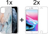 iPhone 7/8/SE 2020 Hoesje Marmer Lichtblauw Siliconen Case - 2x iPhone 7/8/SE 2020 Screenprotector