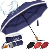 paraplu, stormvast, automatisch op- en te winddicht, dubbele afdekking, klein, stabiel, reflecterend met luxe echt houten handvat voor dames en heren