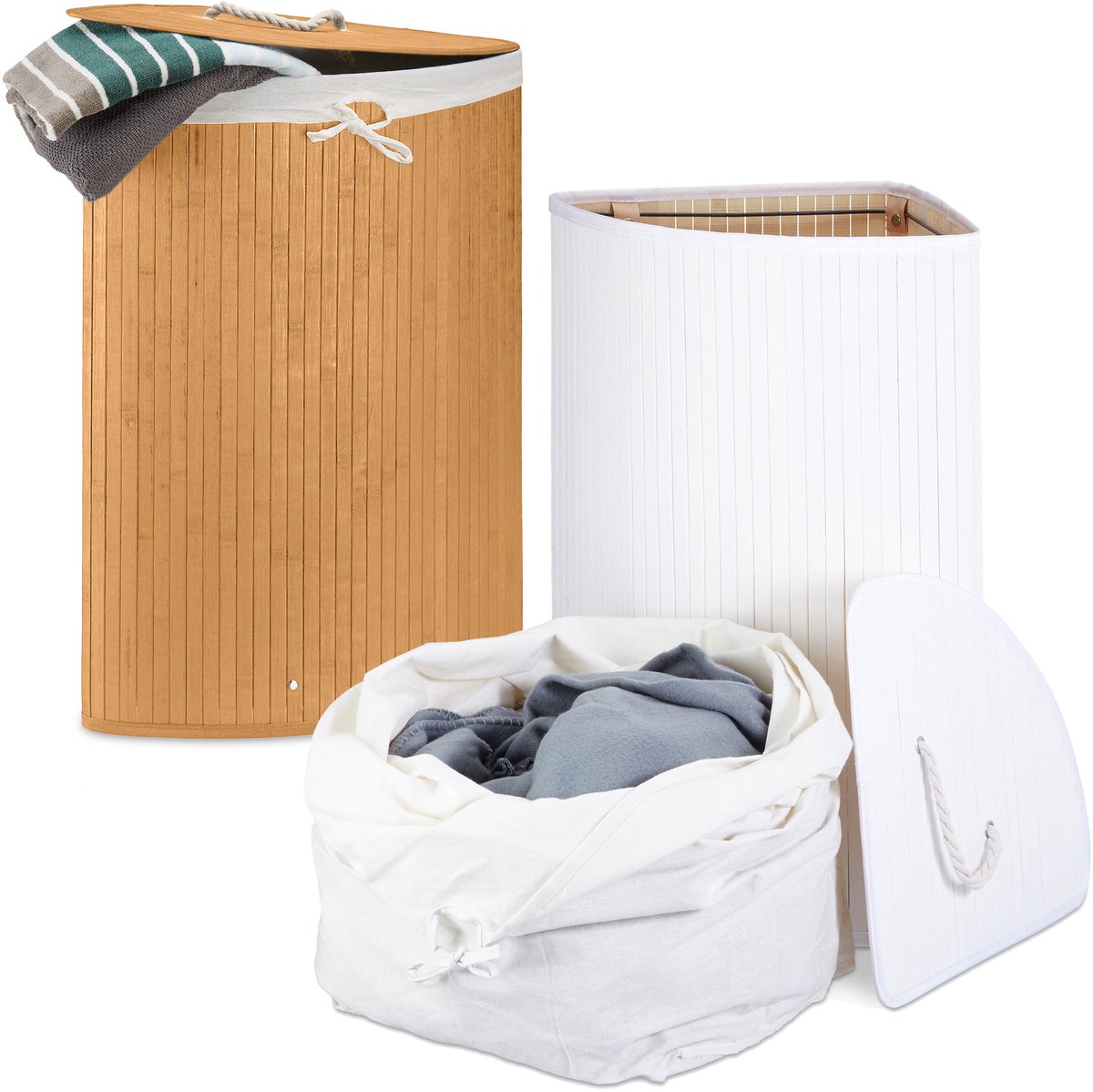 2x wasmand bamboe - wasmanden met deksel - driehoek - 60 L - wit - natuur