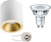 Opbouwspot Set - Prima Cliron Pro - GU10 Fitting - Opbouw Rond - Mat Wit/Goud - Verdiept - Ø90mm - Philips - CorePro 827 36D - 3.5W - Warm Wit 2700K