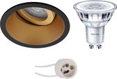 LED Spot Set - Pragmi Zano Pro - GU10 Fitting - Inbouw Rond - Mat Zwart/Goud - Kantelbaar - Ø93mm - Philips - CorePro 840 36D - 4W - Natuurlijk Wit 4000K - Dimbaar - BES LED