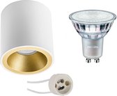 Opbouwspot Set - Pragmi Cliron Pro - GU10 Fitting - Opbouw Rond - Mat Wit/Goud - Verdiept - Ø90mm - Philips - MASTER 927 36D VLE - 4.9W - Warm Wit 2200K-2700K - DimTone Dimbaar - BES LED