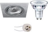 LED Spot Set - Pragmi Borny Pro - GU10 Fitting - Inbouw Vierkant - Mat Zilver - Kantelbaar - 92mm - Philips - CorePro 830 36D - 4W - Warm Wit 3000K - Dimbaar - BES LED