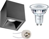 Opbouwspot Set - Proma Cliron Pro - GU10 Fitting - Opbouw Vierkant - Mat Zwart - Verdiept - 90mm - Philips - CorePro 830 36D - 3.5W - Warm Wit 3000K