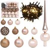 120 Kerstballen set plastic rosé goud - incl 30m LED kerstverlichting - Plastic PVC - Kerstballenset - roze champagne - kerstversiering - Glitters, Glanzend & Mat