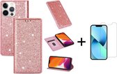 Apple iPhone 13 Mini Glitter Bookcase | Hoogwaardig PU Leren Telefoonhoesje | Pasjeshouder | Licht Roze + 1x Screenprotector
