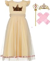 Prinsessenjurk meisje - Verkleedkleding - Feestjurk - Carnaval - maat 116/122 (120) - met pailletten kroon -Kroon - Magische Toverstaf - Lange handschoenen - Goud