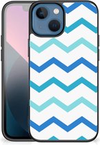 Siliconen Back Cover geschikt voor iPhone 13 mini Telefoon Hoesje met Zwarte rand Zigzag Blauw