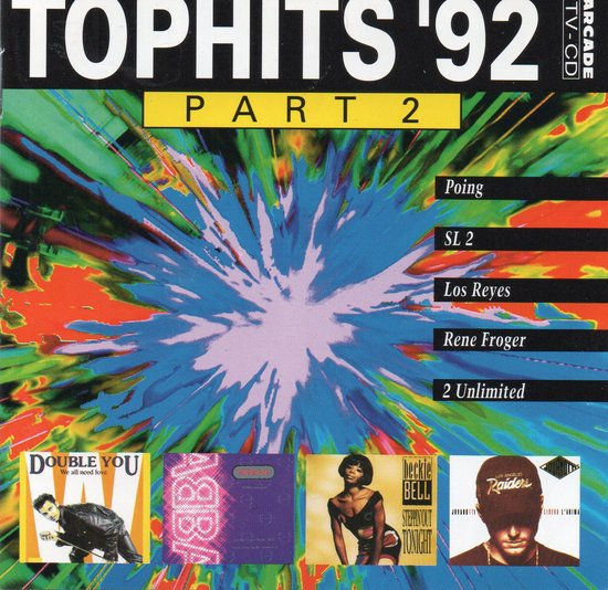 Albumhoes Top Hits '92 Part 2 met explosieve grafische achtergrond en vier hoeskunst.