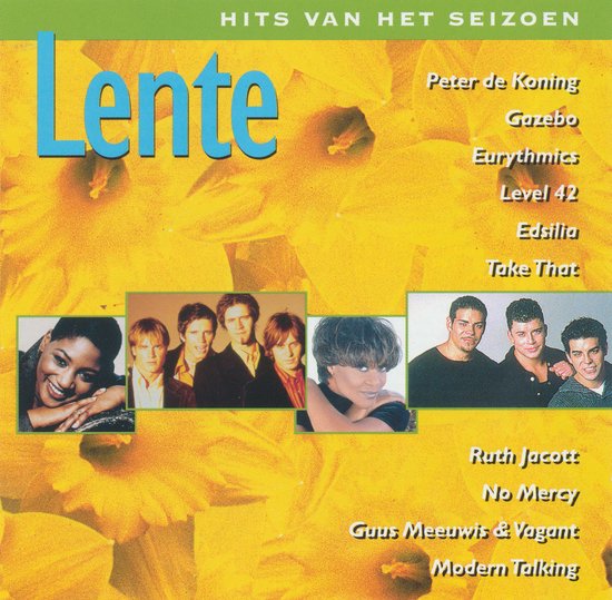 Albumhoes 'Lente' met portretten van artiesten: vrouwen en mannen groepen. Achtergrond met gele narcissen.