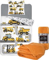 Dekbedovertrek Bouwvoertuigen- Heftruck- Shovel- katoen- 1 persoons- 140x200- Wegenbouw, incl. Fleecedeken Coral 150 X 200 Cm Polyester Mosterd Geel