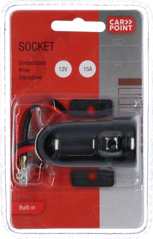 Verpakking met 'Carpoint' logo, stekkerdoos met rode en zwarte draden. Tekst: "SOCKET Contactdoos Prise Steckdose 12V 15A Built-in".